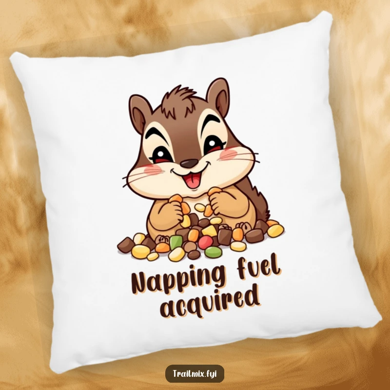 Funny chipmunk pillow, contentedly munching trail mix with a wide, happy smile, offering ultimate comfort and humor.