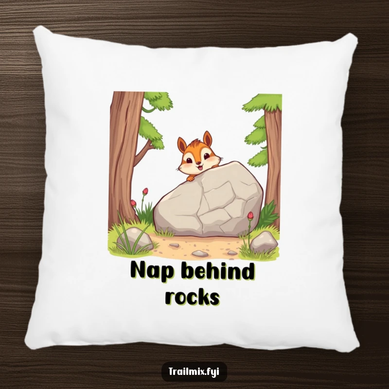Funny pillow features a cheerful chipmunk peeking from behind a rock, offering comfort and a touch of playful woodland humor.