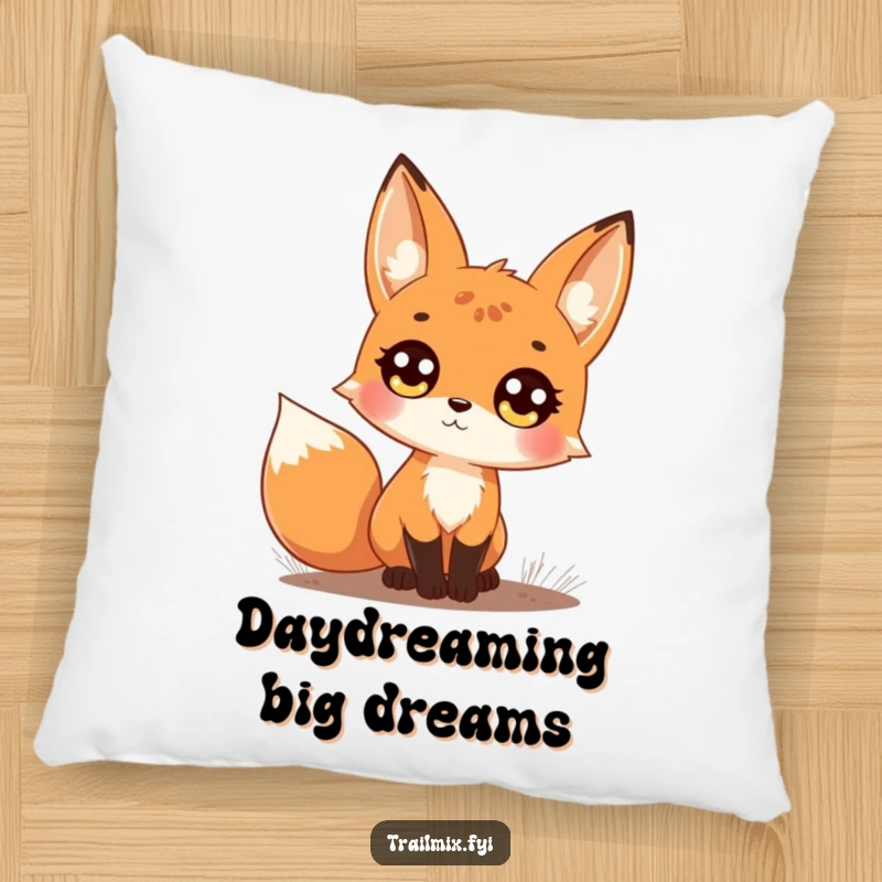 Funny pillow showcasing a curious fox on a trail, gazing upwards with large, bright, enchanting eyes, offering comfort.
