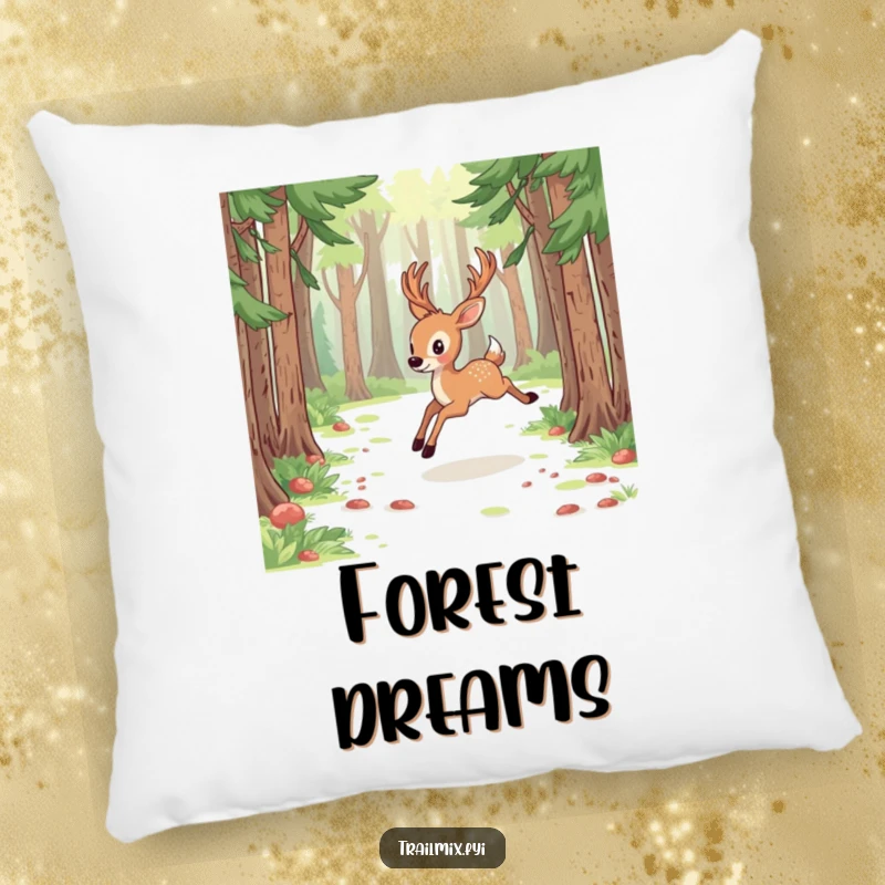 Funny deer pillow, depicted energetically bounding through a forest clearing, offering plush comfort and natural inspiration.