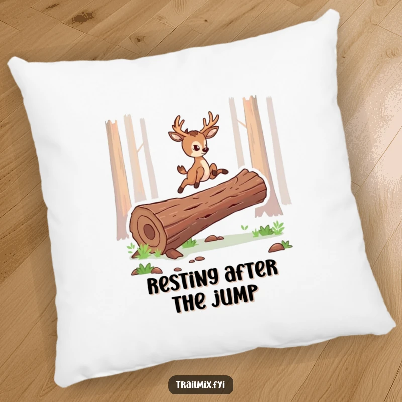 Funny pillow design of a determined deer character leaping gracefully over a log, adding a touch of serene beauty.