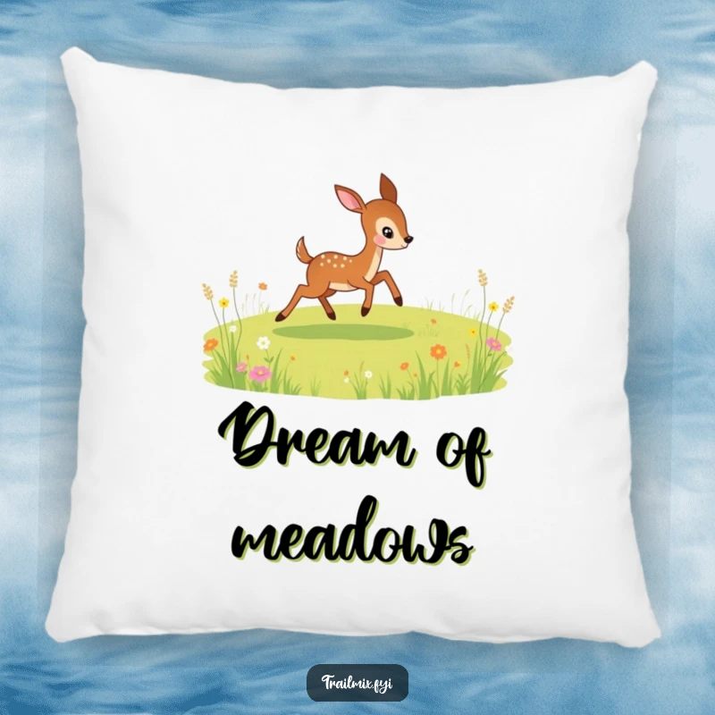 Funny pillow featuring a playful deer bounding across a meadow, offering comfortable and spirited decorative appeal.