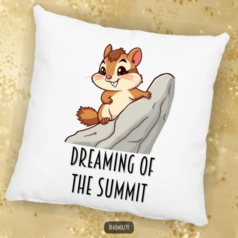 Funny pillow featuring a smiling chipmunk with determination climbing a rock, perfect for cozy, motivational humor.