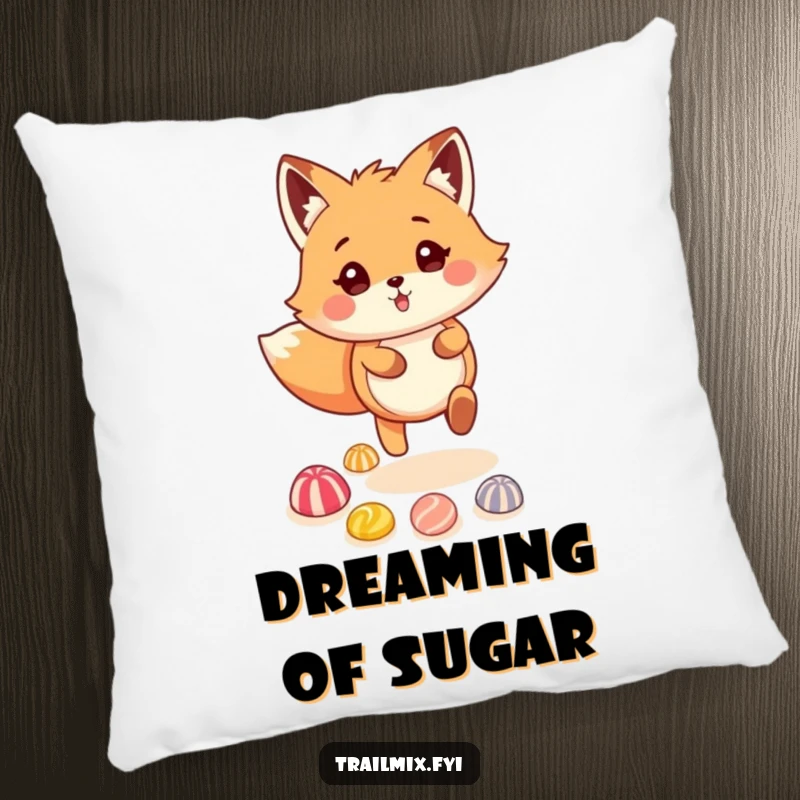 Funny fox skipping on a colorful candy trail, depicted on a soft and humorous pillow, a sweet treat.