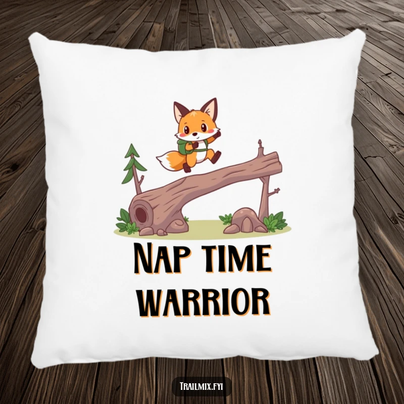Funny fox hiker pillow, leaping over a log, comfy and soft, adds humor to any room.