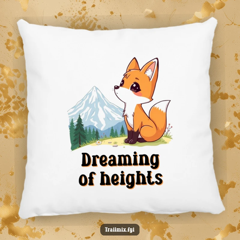 Funny pillow design with a curious fox character admiring a scenic mountain vista, adding comfort and charm to any space.