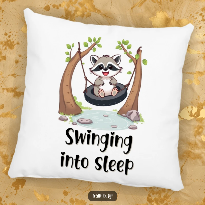 Funny joyful racoon pillow, looking incredibly happy and carefree while swinging. Soft and whimsical home accent.