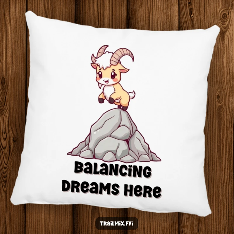 Funny Mountain Goat Pillow: A determined goat playfully balances on a rocky outcrop, providing comfort and a chuckle.