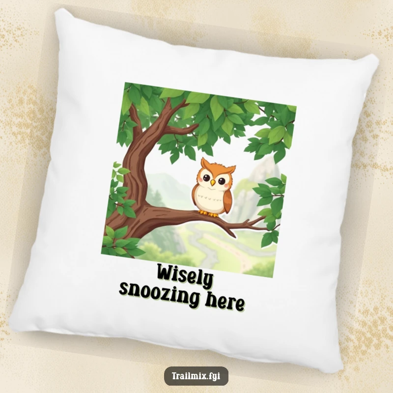 Funny Owl Pillow: A happy owl rests on a branch, gazing at a beautiful hiking trail landscape, offering comfort and smiles.