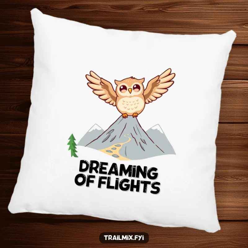 Funny Owl Pillow: A joyful owl is soaring effortlessly above a mountain trail, adding comfort and a touch of nature.