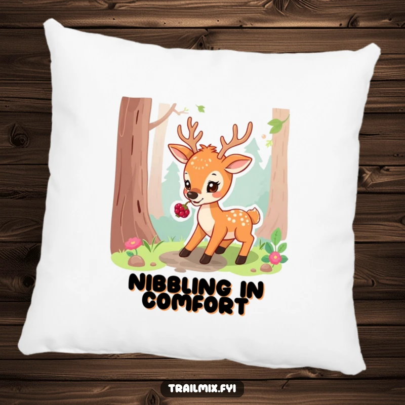 Funny pillow showcasing a playful deer pausing on a forest path, nibbling a berry, offering comfort and tranquility.