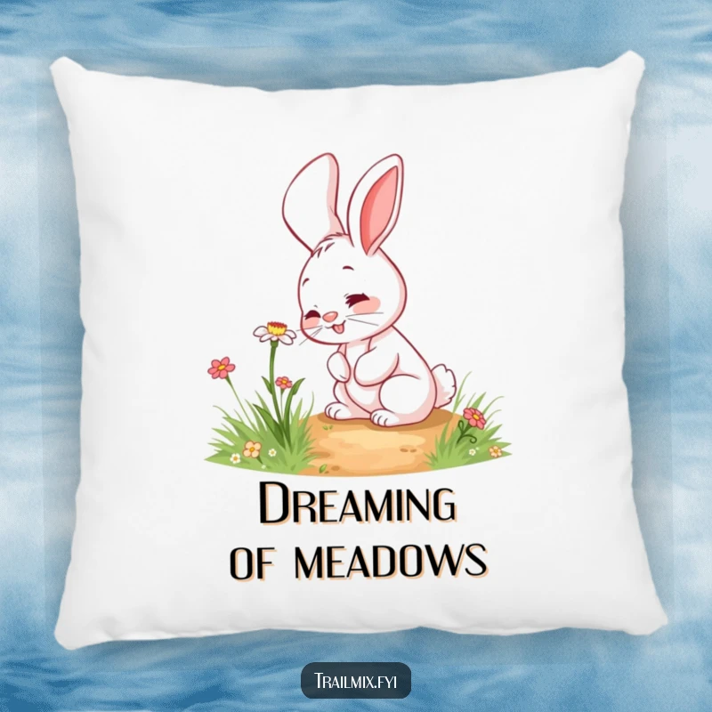 Funny rabbit pillow featuring a giggling character curiously sniffing a wildflower on a path, ideal for comfort and cheer.