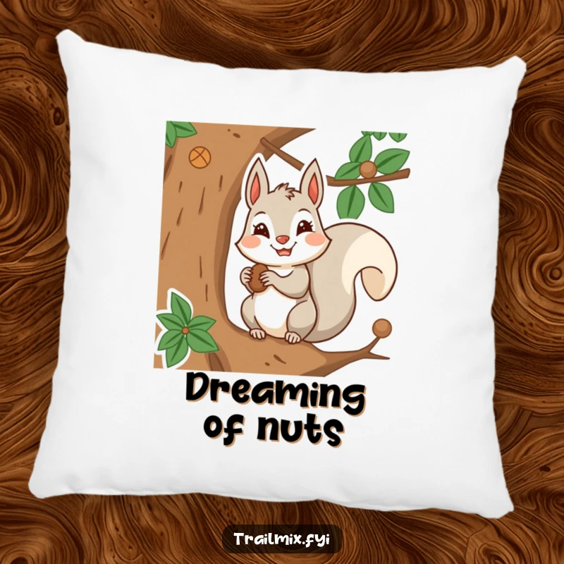 Funny pillow design of a smiling squirrel character storing nuts in a tree, adding cozy focus to any room.