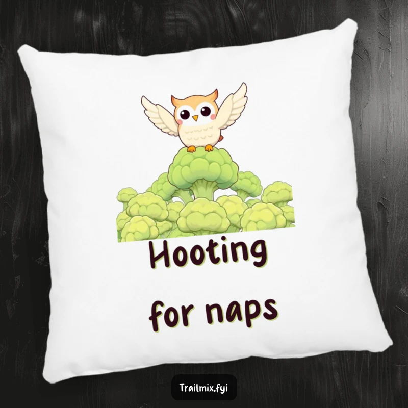Funny owl character flying over a broccoli forest, depicted on a soft, decorative pillow, a funny and comforting gift.