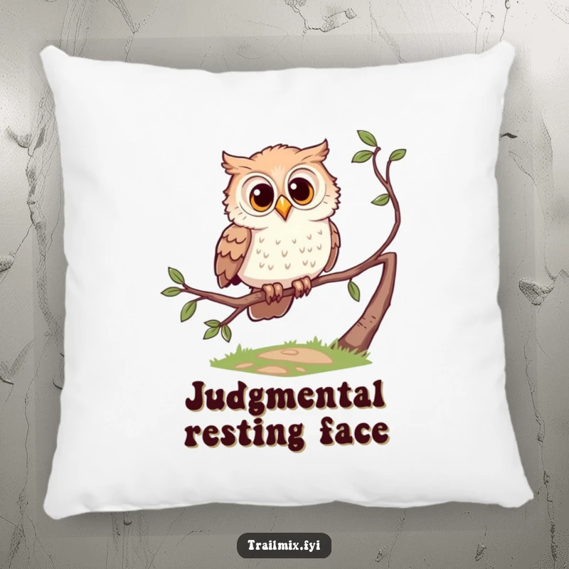 Funny pillow with a curious owl character perched on a branch, offering cozy observation and humor.