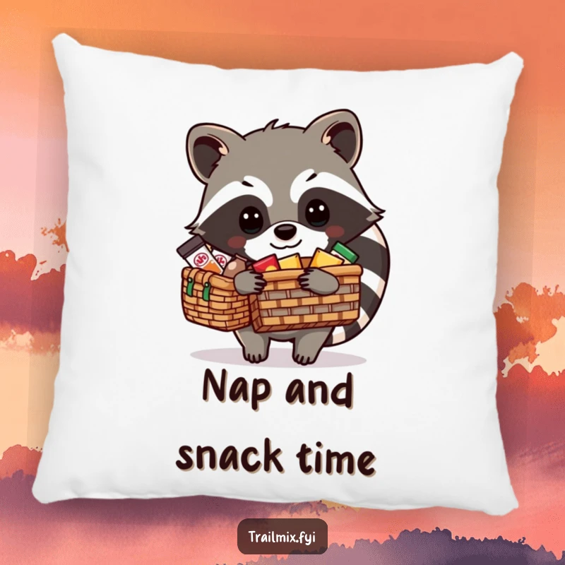 Funny Raccoon Pillow: A cute raccoon is depicted packing a picnic basket with various snacks, adding a touch of humor to any room.