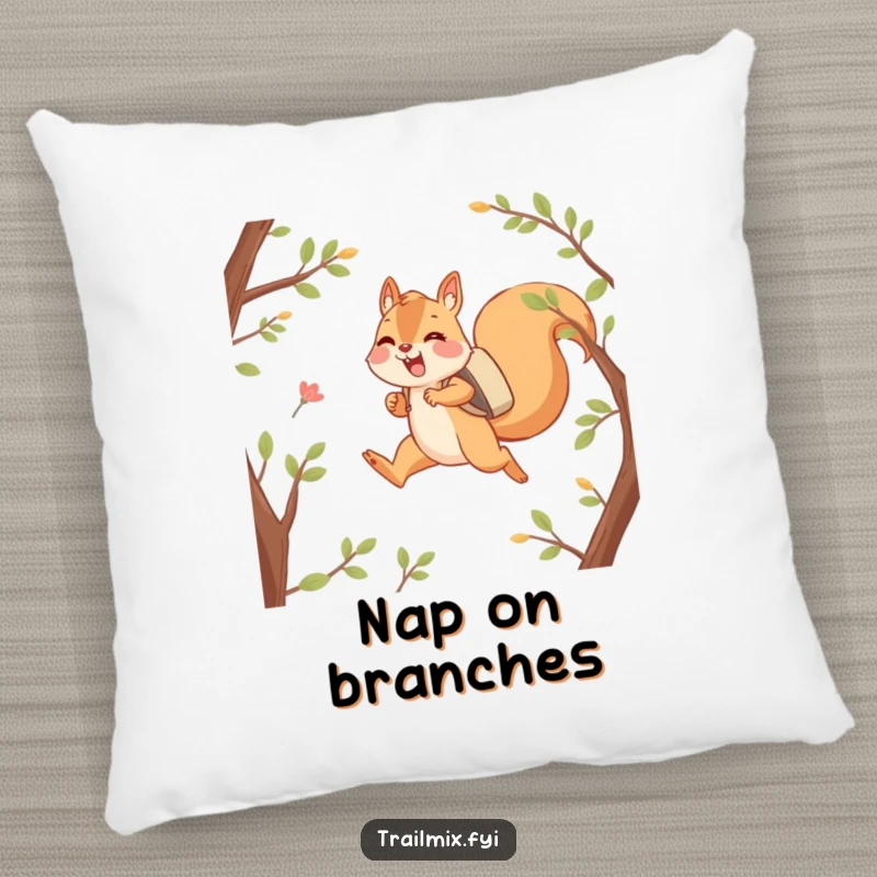 Funny pillow with a happy squirrel character joyfully leaping between branches with a backpack, offering soft comfort and adventurous vibes.