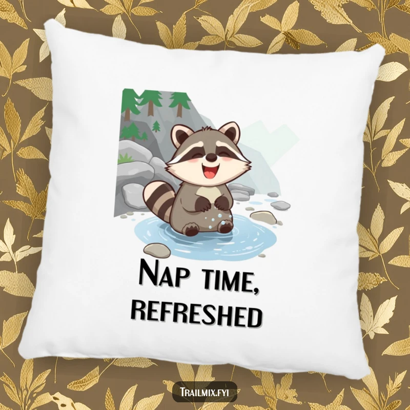 Funny Raccoon Pillow showcasing a happy raccoon giggling while washing its paws in a clean mountain stream, offering comfort and charm.