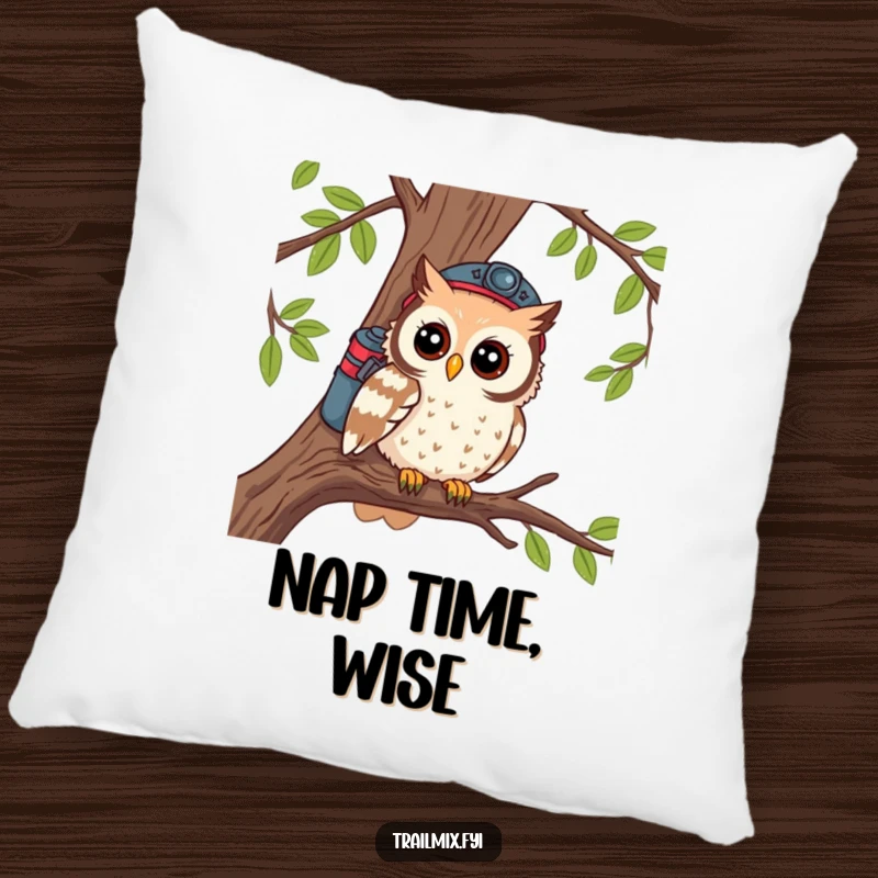 Funny pillow featuring a curious owl hiker resting on a branch, offering comfortable and wise decorative appeal.