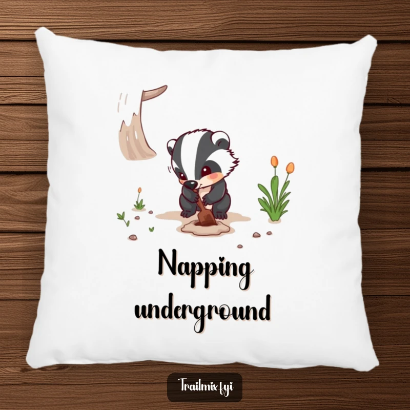 Funny pillow showing a determined badger digging on a path, providing comfort and a funny reminder of perseverance for any room.