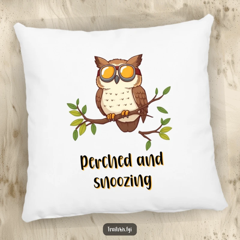 Funny accent pillow with a brave owl wearing goggles surveying the trail from a high branch, adding cozy and adventurous charm.