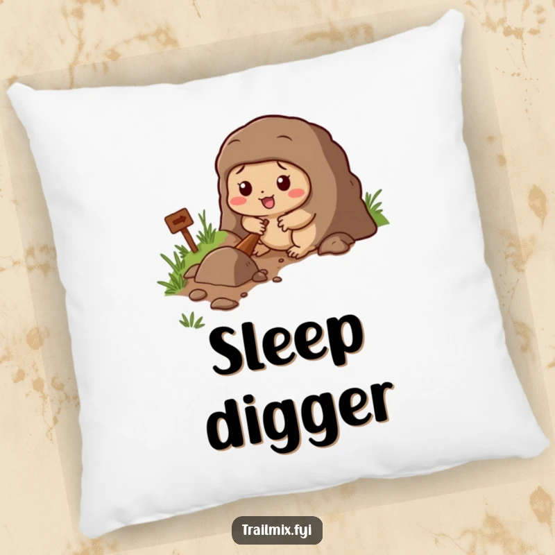 Funny pillow with a determined mole character digging a tunnel, offering cozy humor for home decor.