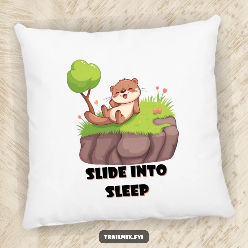 Funny pillow featuring a gleeful otter sliding down a grassy slope, offering soft comfort and playful, humorous charm.