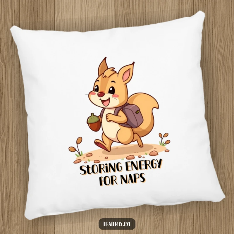 Funny pillow showcasing a happy squirrel bounding along a trail, carrying acorns like tiny backpacks, offering comfort and cheer.