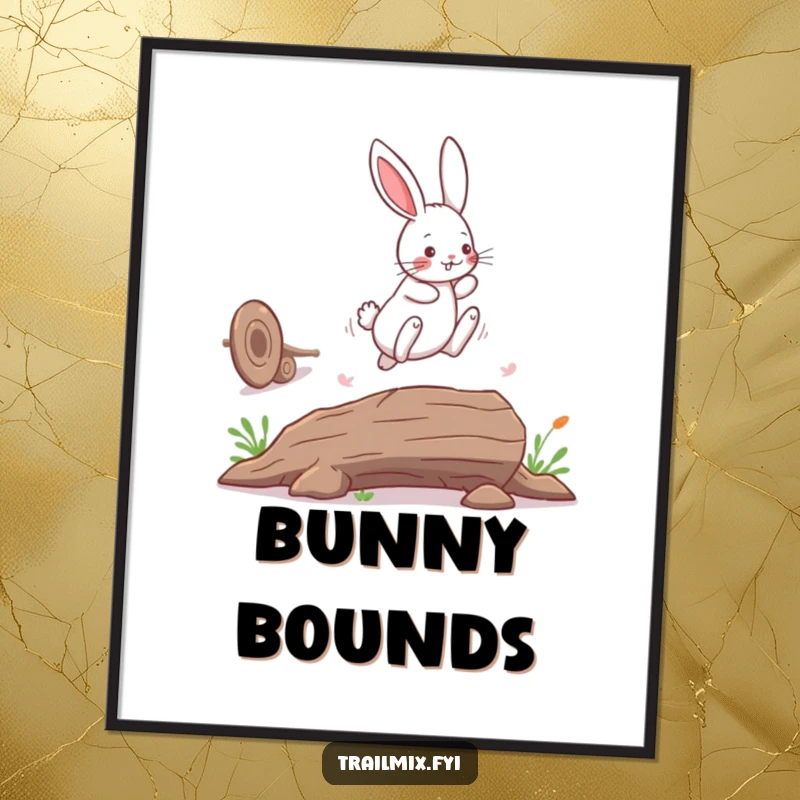 Funny bunny rabbit digital art print, capturing a playful leap over a fallen log, perfect for instant whimsical decor.