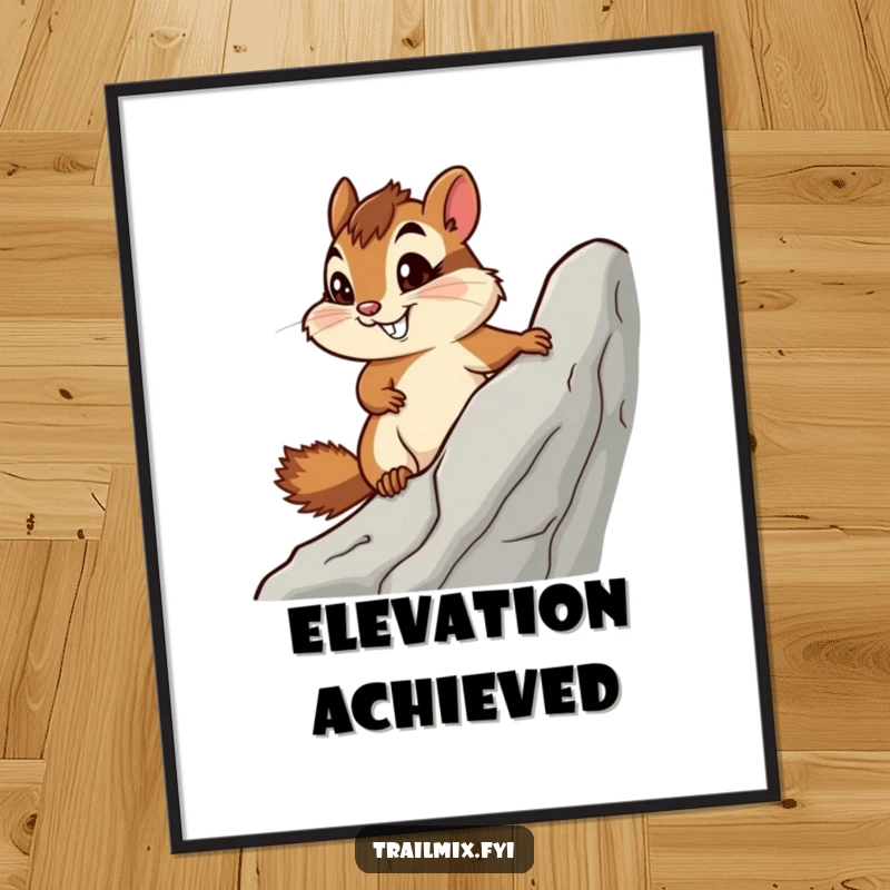 Funny digital art print of a determined chipmunk climbing a rock, bringing inspiring and humorous appeal.