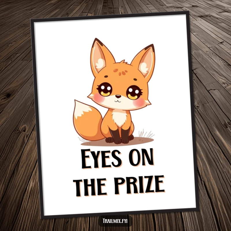 Funny digital art print of a curious fox on a forest trail, looking upwards with large, bright eyes, evoking wonder.