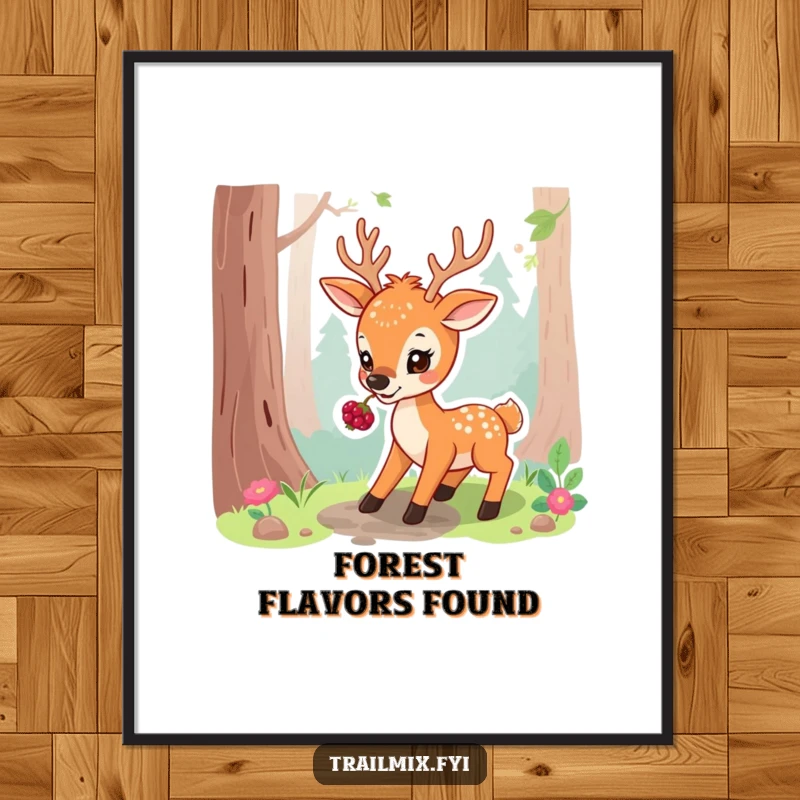 Funny digital art print of a playful deer pausing on a forest path, gently nibbling on a berry, evoking peacefulness.