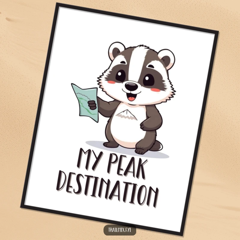 Funny digital art print: a determined badger with a map comically pointing towards a distant peak, offering humorous motivation.