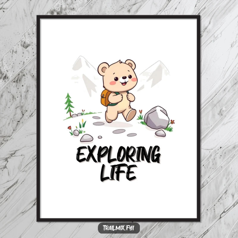 Funny Bear Cub Digital Art Print: Happy bear cub joyfully skipping along a mountain path, radiating adventure and pure delight.