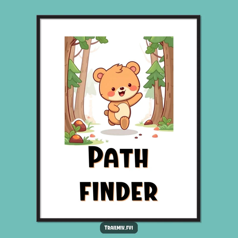Funny Bear Cub Skipping Digital Art: Adorable Forest Wall Decor Print