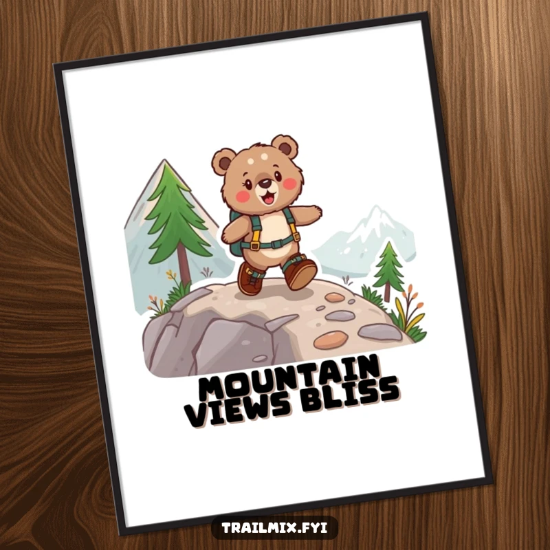 Funny digital art print of a fuzzy bear with hiking boots joyfully skipping up a mountain path, capturing a moment of pure bliss.