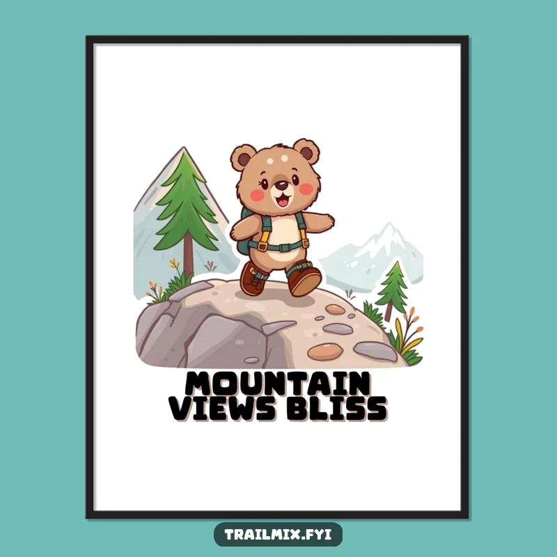 Funny Bear Skipping Art Print: Joyful Mountain Scene, Amazing Funny Gift