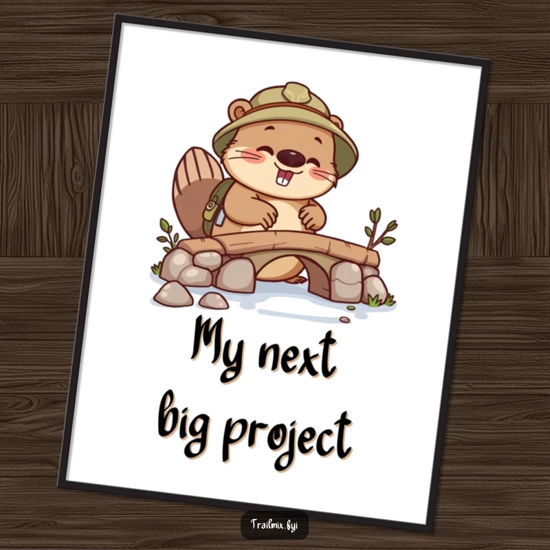 Funny beaver explorer digital art print, busy building a bridge, industrious and determined, printable wall decor.