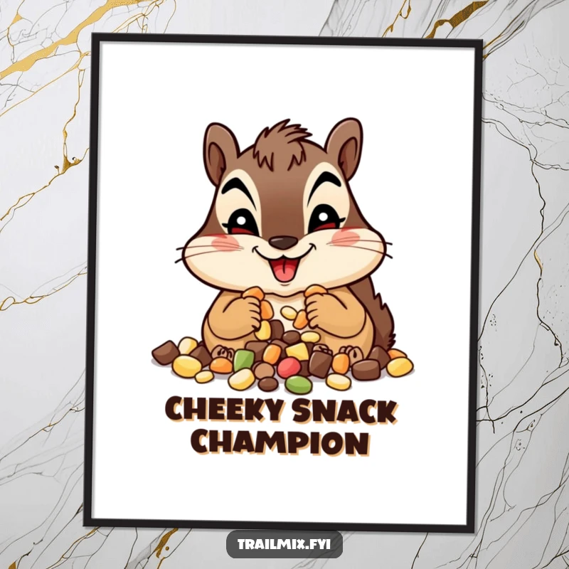 Funny chipmunk digital art print, depicting a joyful character enthusiastically eating trail mix, vibrant and full of humor.