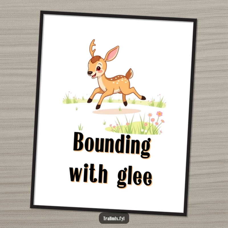 Funny digital art print of a joyful deer bounding playfully in a meadow, ready to be printed and hung for instant funny decor.