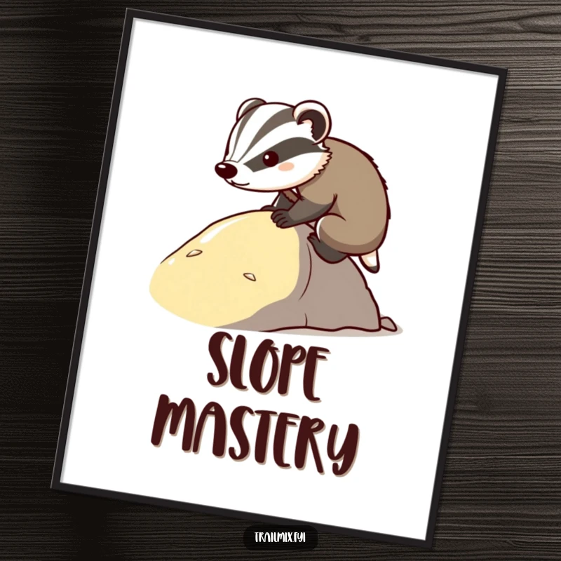 Funny determined badger digital art print, showing a badger's focused climb up a slope. High-resolution motivational graphic.