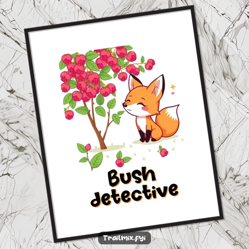 Funny fox digital art print of a cheerful fox excitedly sniffing a wild berry bush, capturing a moment of delightful discovery.