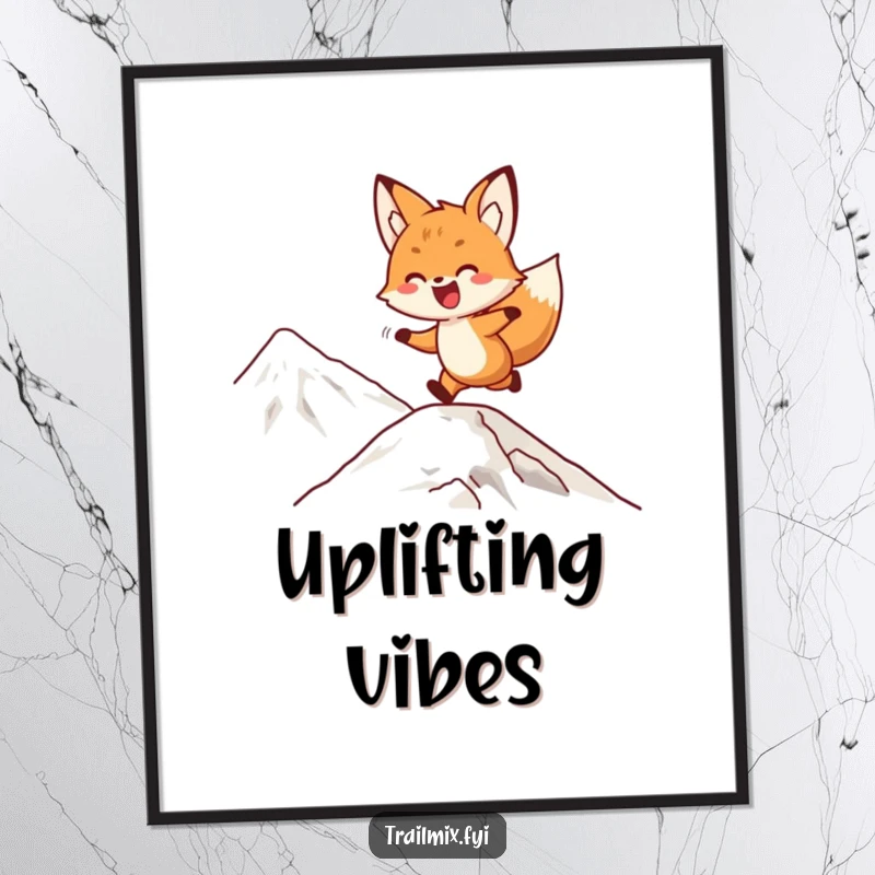 Funny fox digital art print of a delighted character playfully bounding up a mountain slope, capturing pure joy and movement.