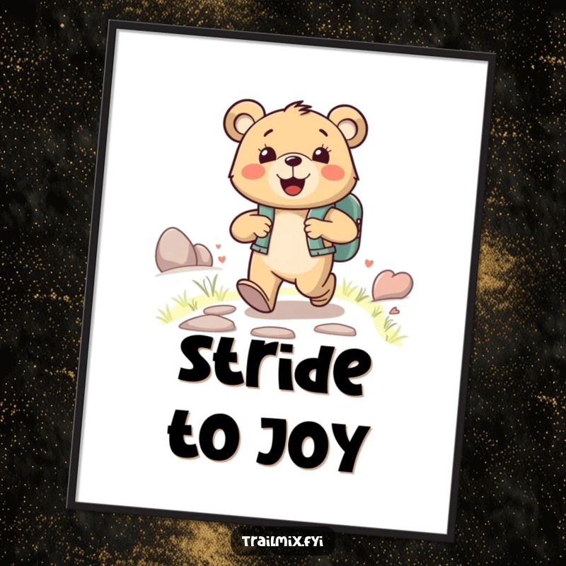 Funny happy bear character wearing a backpack, joyfully striding up a path, as inspiring and funny digital art.
