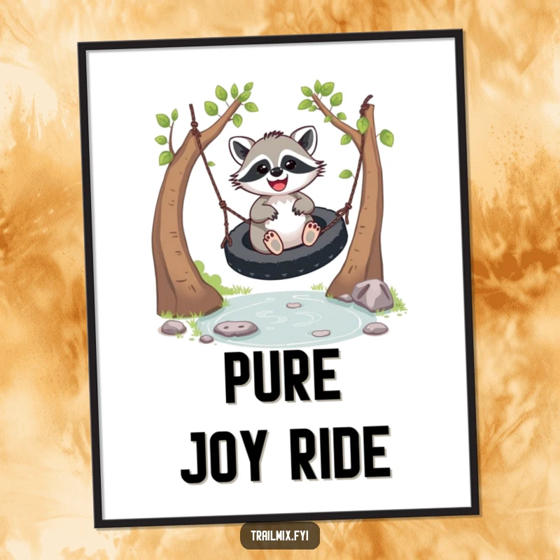 Funny joyful racoon digital art print, showing a racoon mid-swing with a huge smile. High-resolution whimsical artwork.