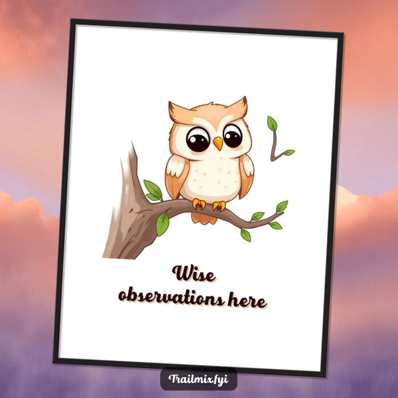 Funny digital art print of a smiling owl watching the trail from a branch, adding serene, humorous, and wise charm.