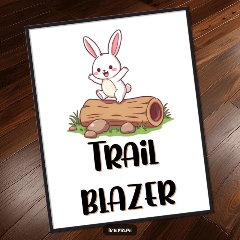 Funny rabbit digital art print of a jovial rabbit happily hopping over a small fallen log, capturing pure meadow delight.