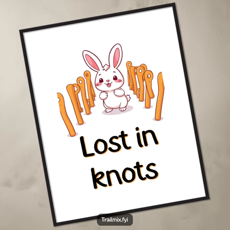 Funny smiling rabbit character happily navigating a maze of pretzel sticks, presented as digital art.