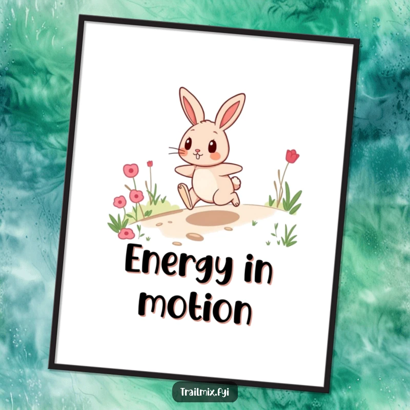 Funny digital art print of a playful rabbit hopping energetically along a trail, capturing a moment of pure, joyful motion.