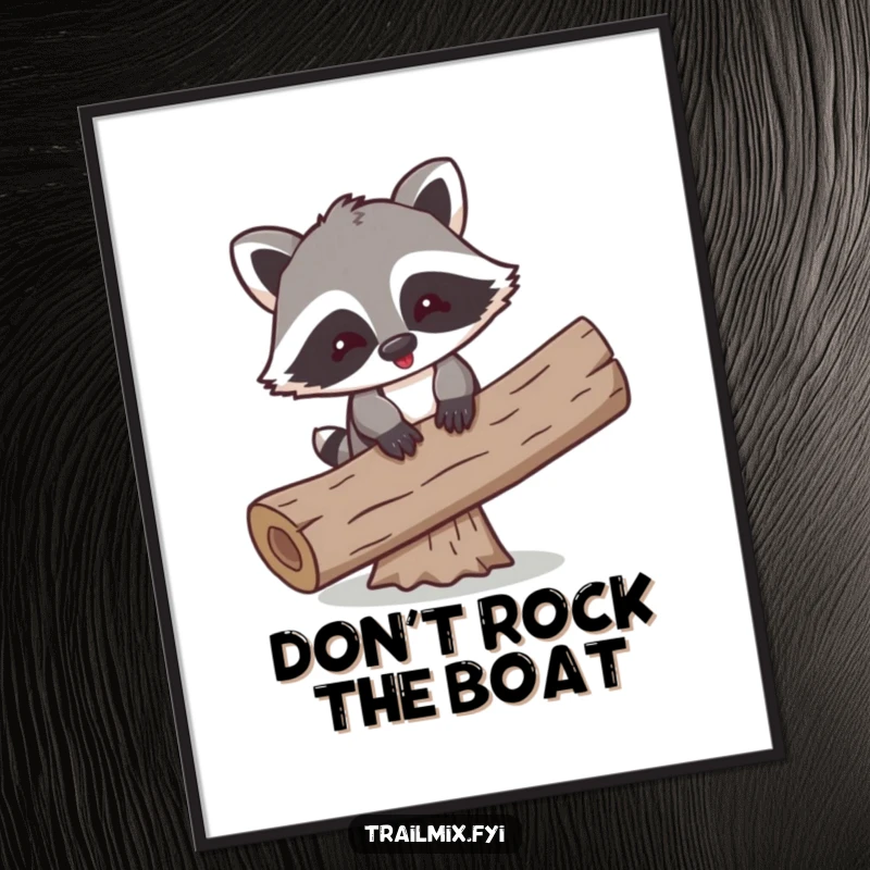 Funny digital art print of a playful cartoon raccoon comically balancing on a log, evoking whimsical humor.